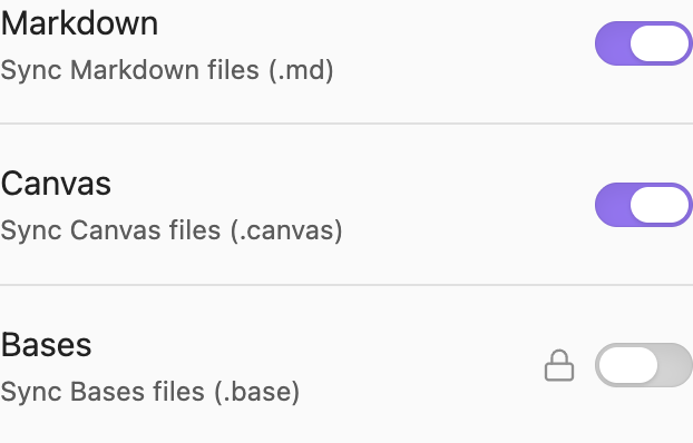 Relay sync settings with Markdown and Canvas enabled and Bases locked