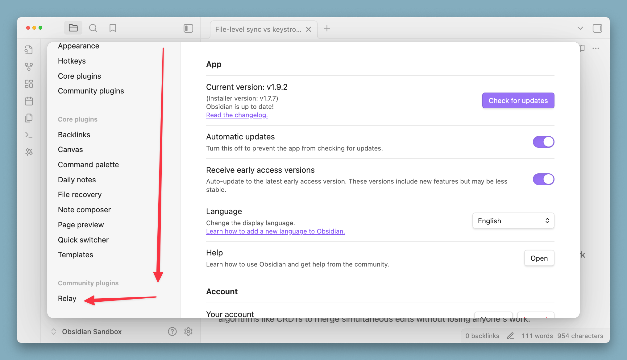 Obsidian Settings window with Relay listed under Community plugins at the bottom of the settings sidebar.