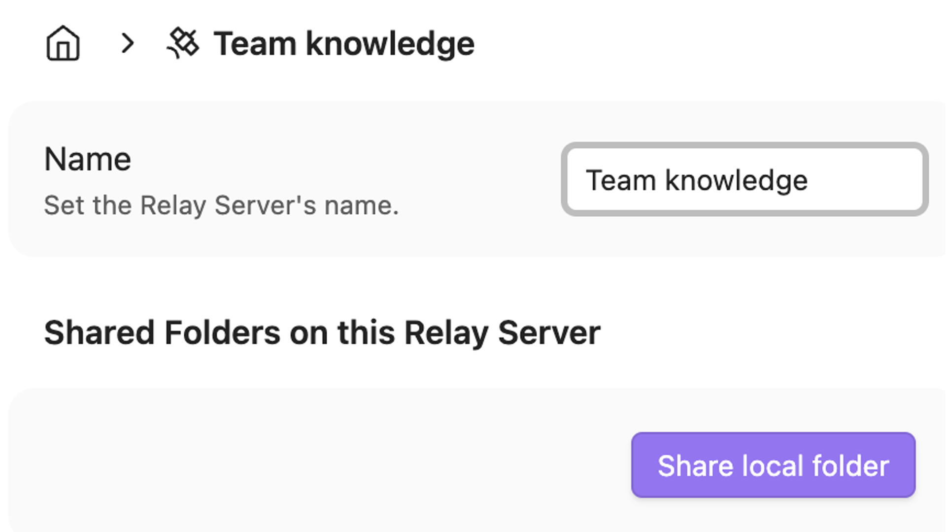 Relay Server settings with the name Team knowledge and an empty Shared Folders section.