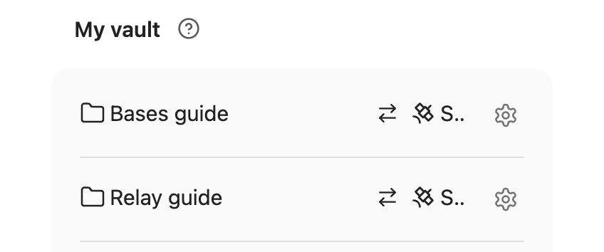 My vault lists Shared Folders with a gear icon at the right of each row.