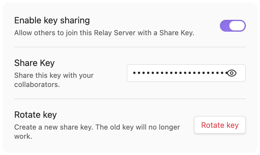 Sharing controls with the Share Key concealed and a blue arrow pointing to Rotate key.